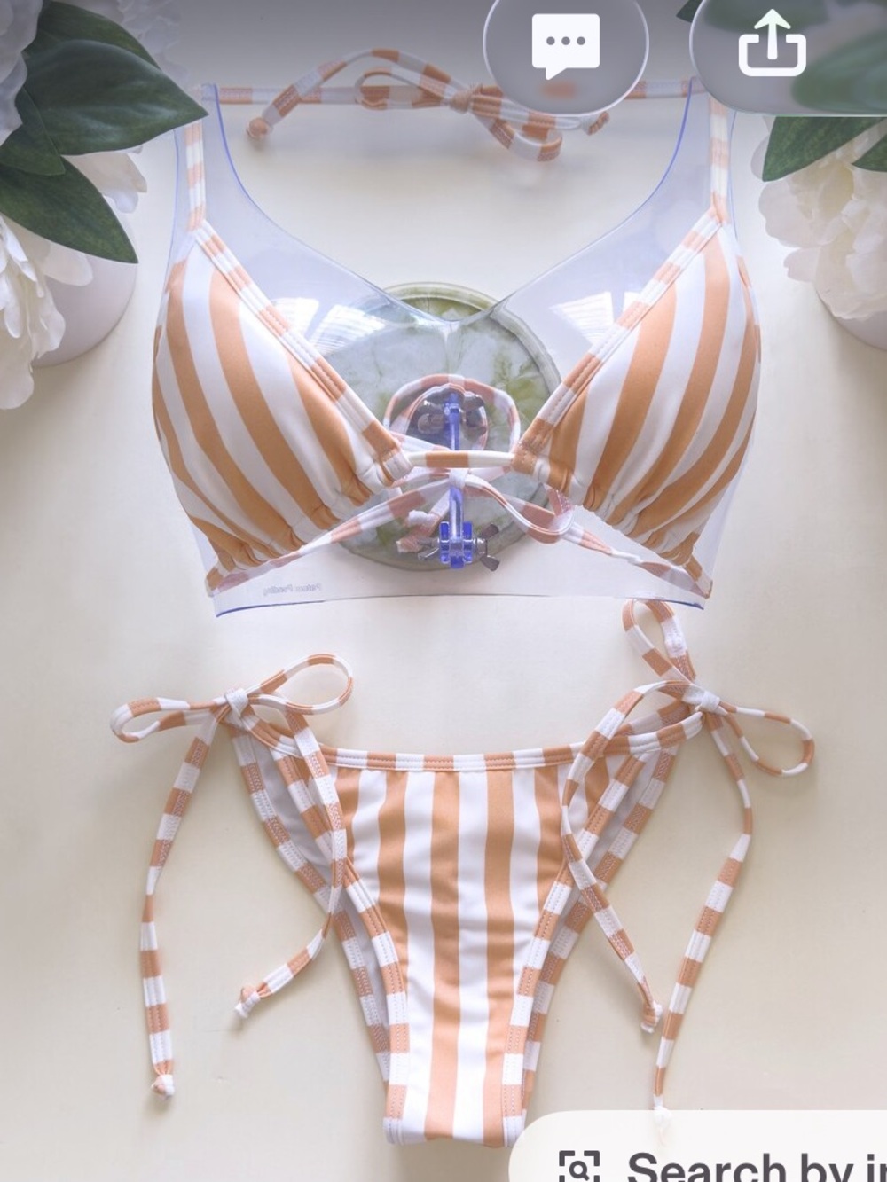 Nude and White Stripe String Bikini Bottom Large Swimwear cheeky